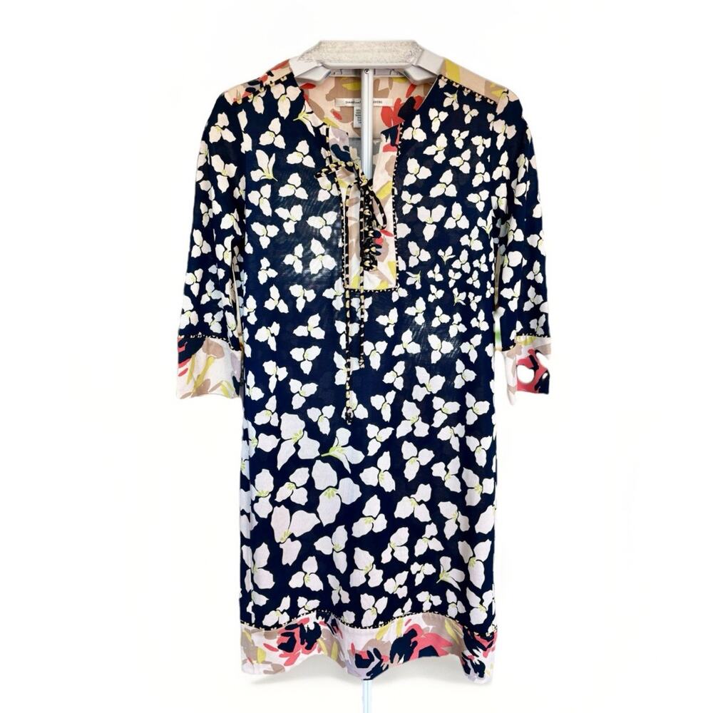 Diane von Furstenberg Women's Blue Silk Shift Dress Riviera Floral Print Size 4